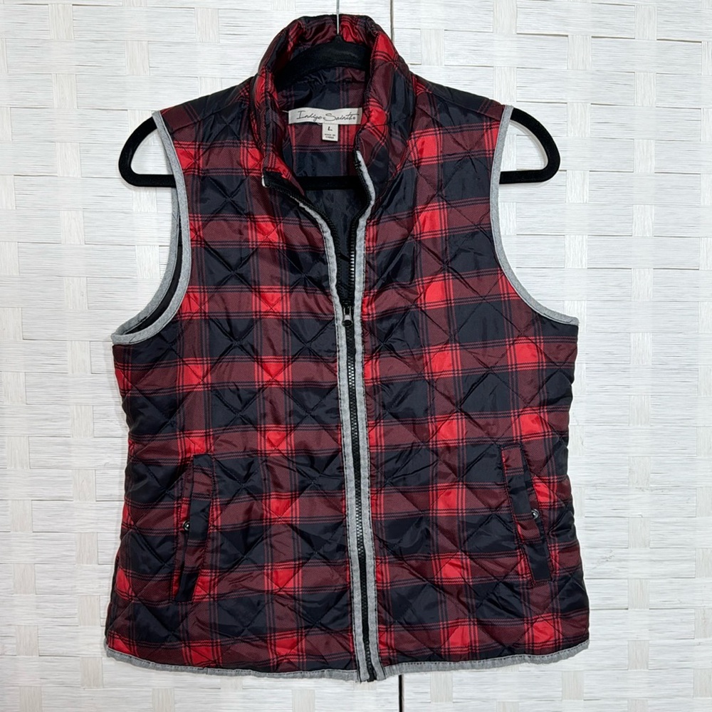Indigo Saints Red Black Buffalo Plaid Quilted Puffer Vest Women’s Size Large